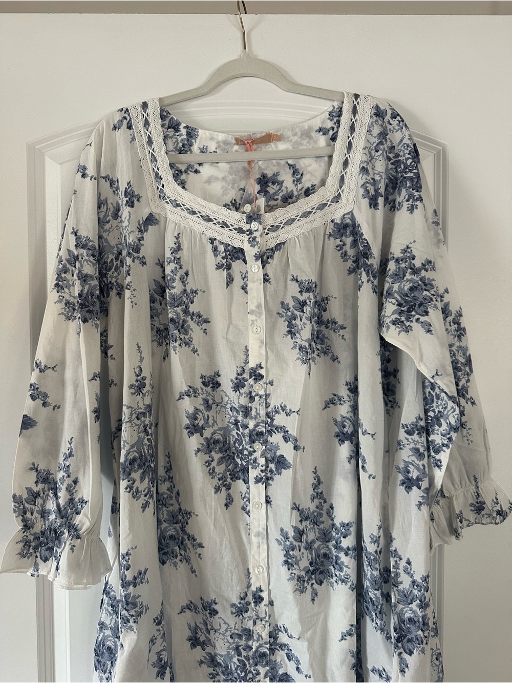 Blue Floral Lace-Trim Button-Front Women’s Nightgown/ House Dress